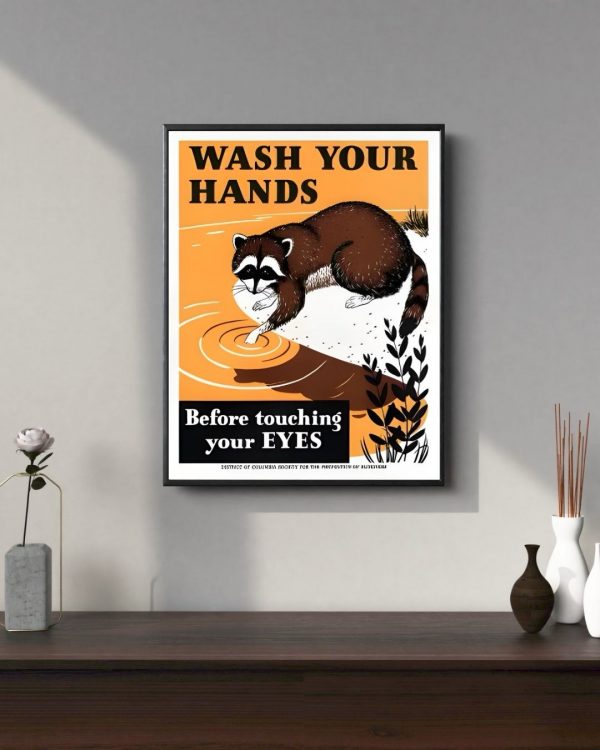 Wash Your Hands Raccoon – Vintage Style Public Health Safety Poster Print - Image 2
